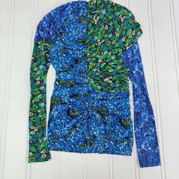 Zara Draped Print Green Blue Floral Top Size US Medium Dainty Long Sleeve - Picture 8 of 8